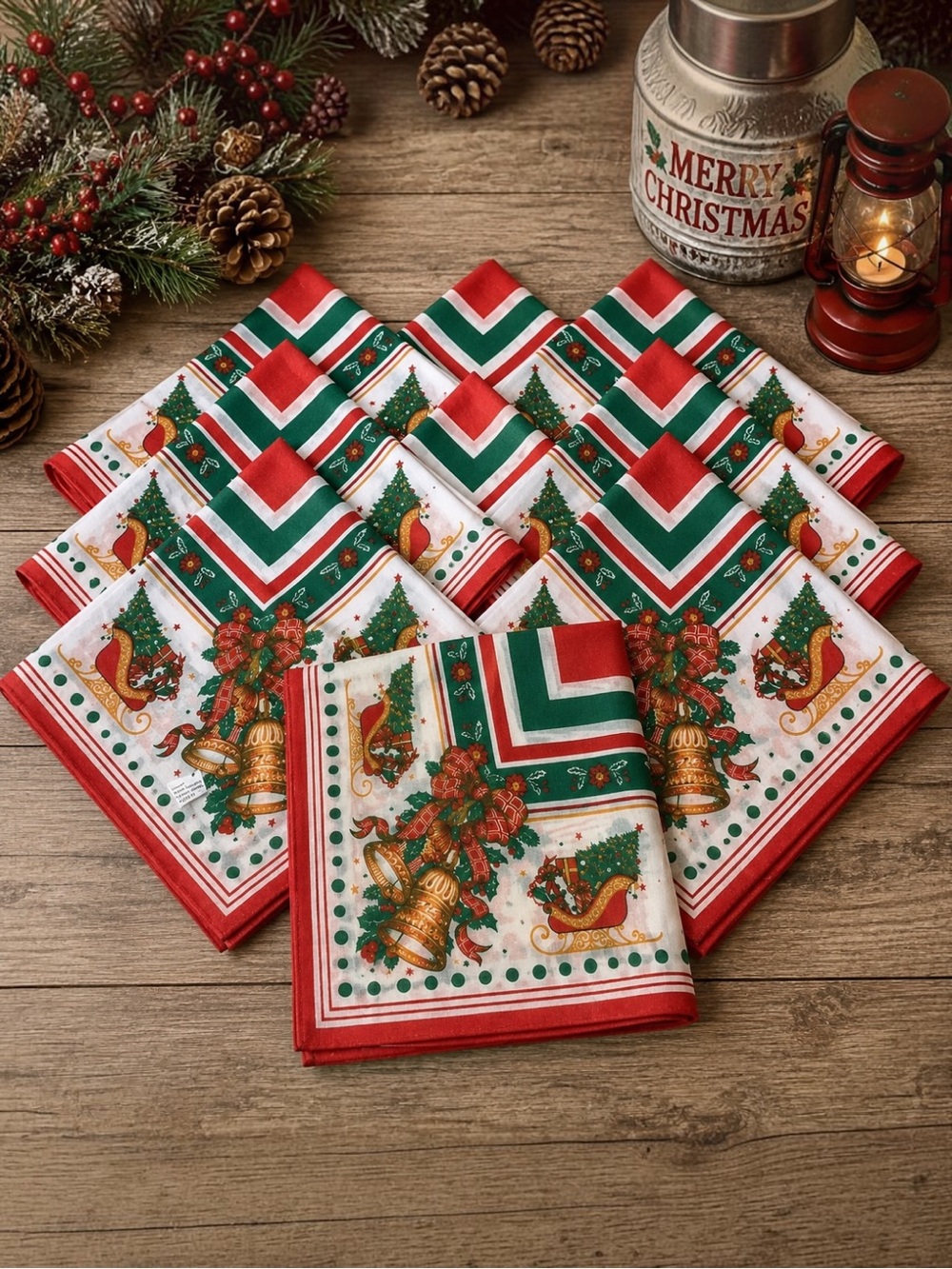 Vtg Christmas Cloth Napkins Set of 11 Bells Sleigh Holiday Table Made Thailand
